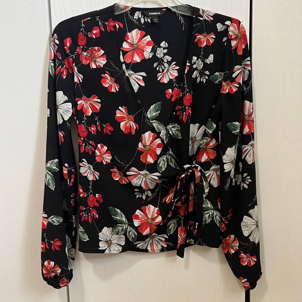 Express size small long sleeve wrap top black red flowers light weight